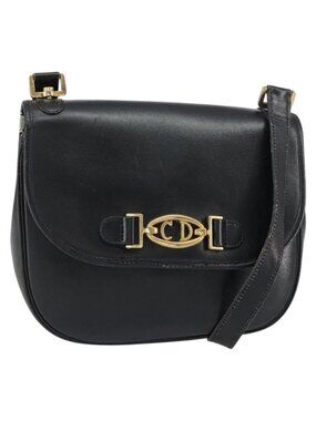 Authentic Christian Dior Shoulder Bag Leather Black Gold